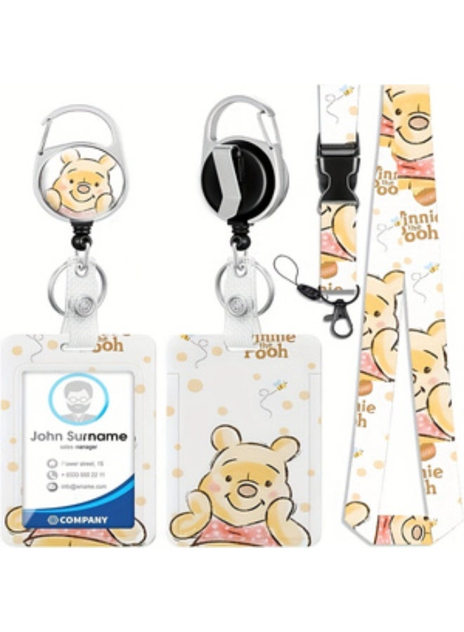 Disney 3-in-1 Disney Blue and White Winnie the Pooh Logo Plastic ID Holder with Lanyard, Retractable ID Roller, Keychain and Extension Chain - Suitable for workers, students, bus drivers, doctors, nurses, etc. - Image 1